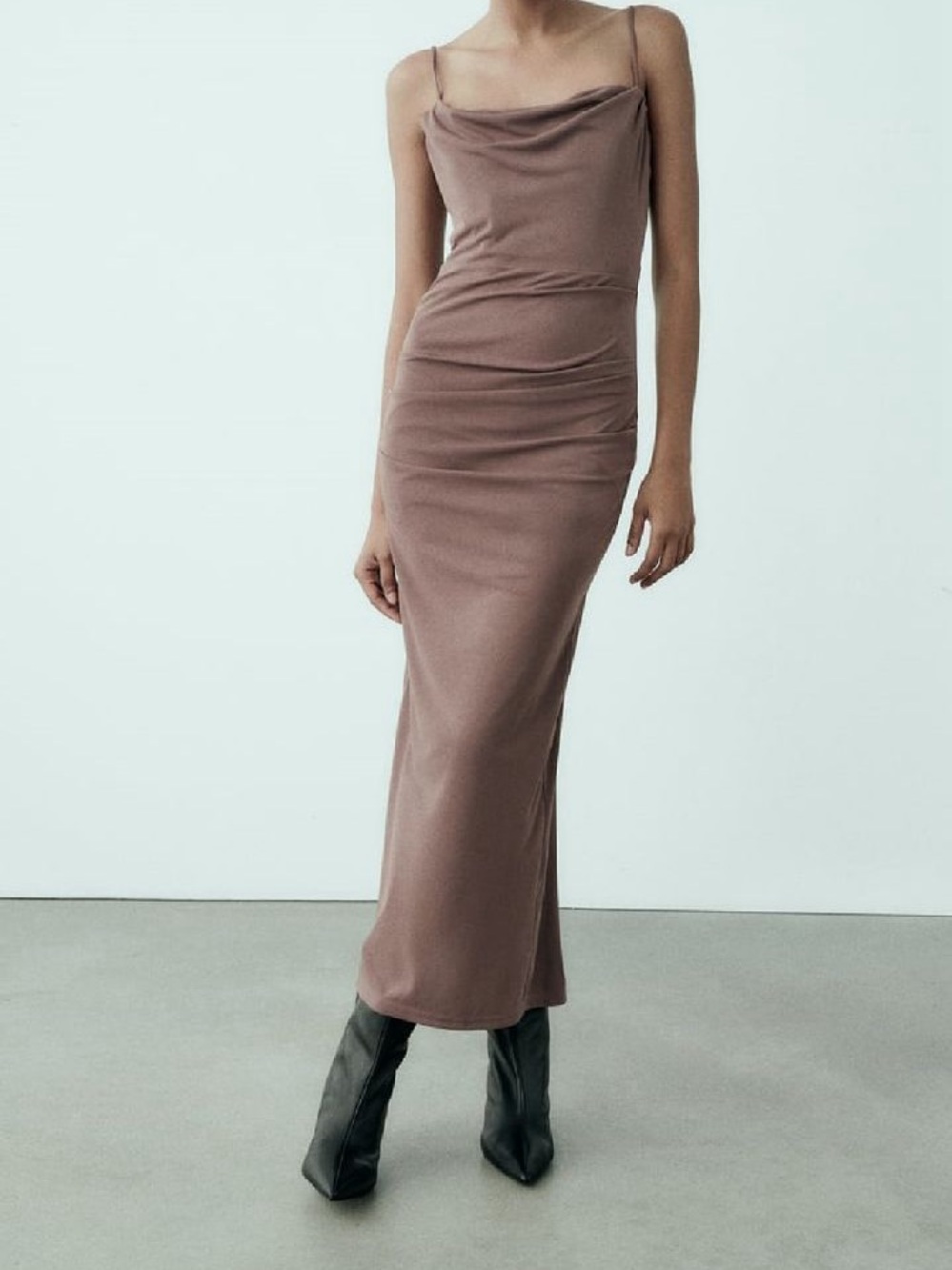 Zara Mauve Brown Cowl Neck Slip Dress